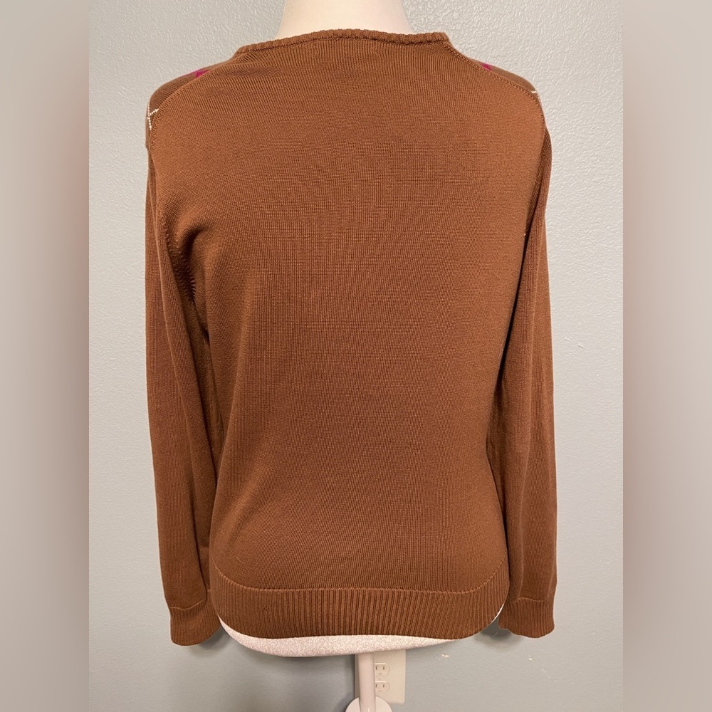 Lands’ End Argyle Cardigan Sweater Brown & Pink Preppy Grandpacore Office Medium - Picture 4 of 7